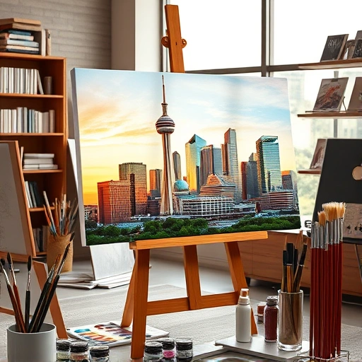 Completed painting of Dallas skyline on easel in a professional art studio with vibrant colors and natural light.