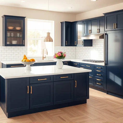 Beautifully transformed kitchen in Royse City with navy blue cabinets, gold hardware, white quartz countertops, and oak flooring.