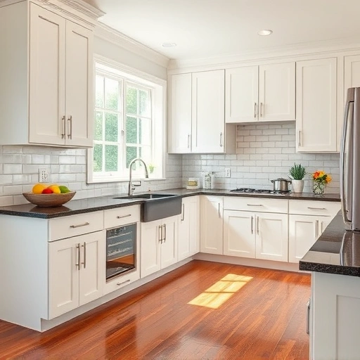 Cabinet painting in Rowlett TX showcasing white cabinets, dark granite countertops, and a bright, inviting kitchen.