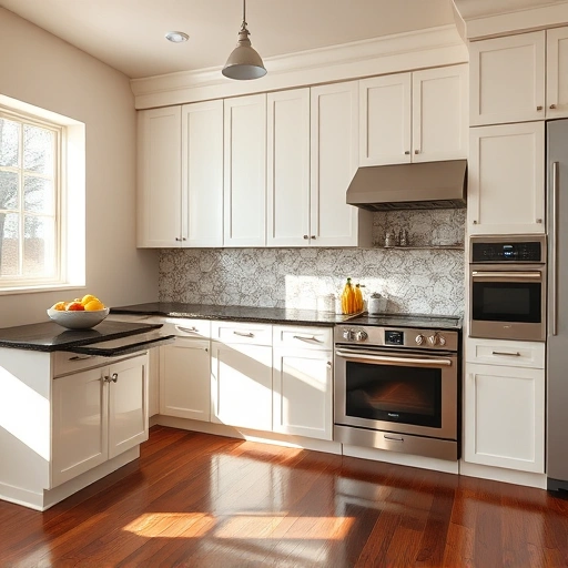Modern kitchen in Caddo Mills, TX with high-gloss white cabinetry, dark granite countertops, and artistic backsplash.