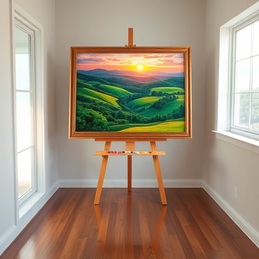 Serene room in Garland TX with natural light, framed landscape painting, art supplies, and polished wooden floor.