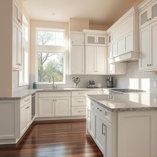 Custom white cabinets in an elegant kitchen in Lucas TX with granite countertops and warm natural light.