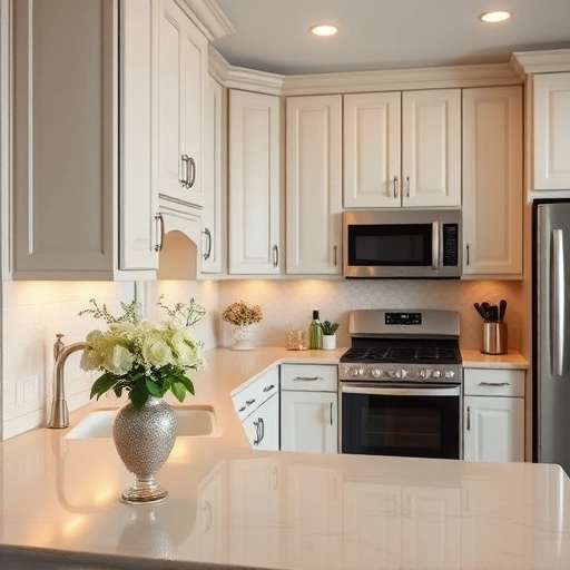 Transformed kitchen in Irving TX with freshly painted cabinets in muted colors and elegant decor accents.