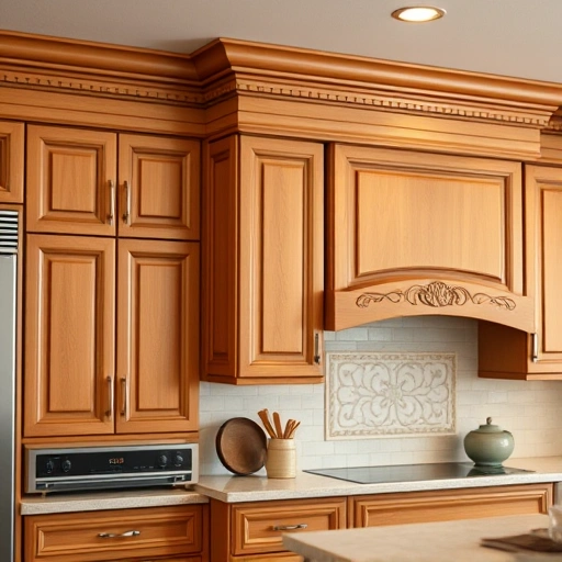 Elegant crown molding installation in Garland TX with rich wood finish in a blurred kitchen setting.