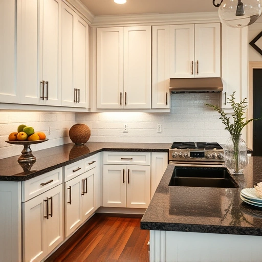 Beautifully transformed kitchen in Fate, TX with elegant white cabinets, dark granite countertops, and stainless steel appliances.