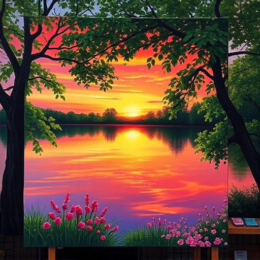 Vibrant sunset over tranquil lake in Garland TX, with lush trees and blooming flowers enhancing the serene ambiance.