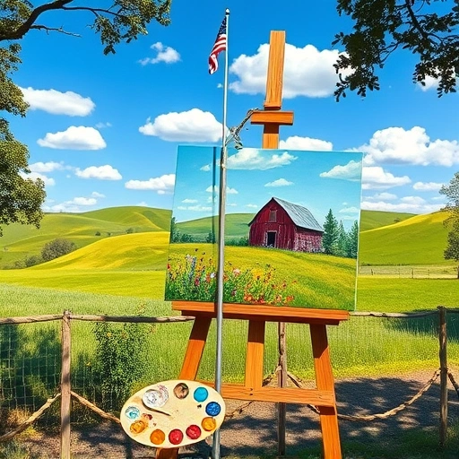 Completed painting of a serene Fate TX landscape with hills, barn, wildflowers, and a wooden easel in sunlight.