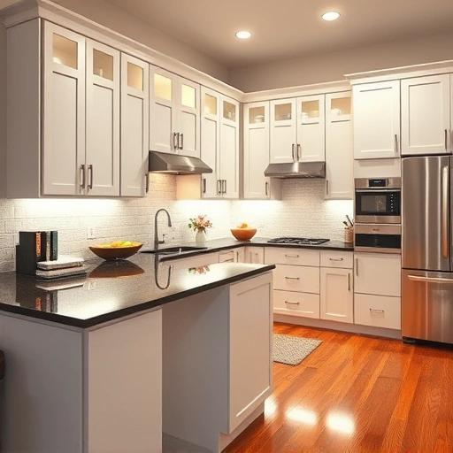 Stunning kitchen cabinet transformation in Coppell, TX with glossy white finish and dark granite countertop.