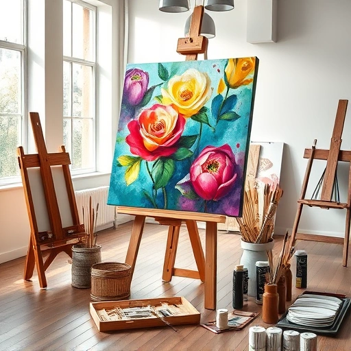 Completed vibrant painting on easel in contemporary art studio with organized painting supplies and natural light.