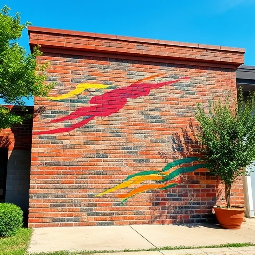 Masonry painting in Garland TX features vibrant colors on brick, set against a modern building and lush greenery.