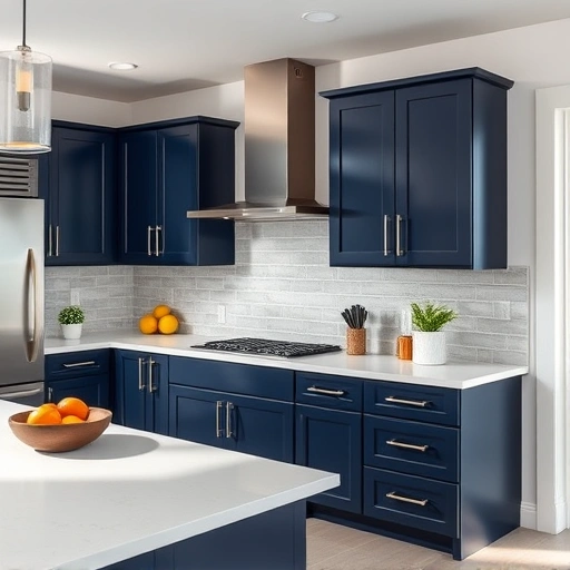 Stunning kitchen in Fate, TX with deep navy blue cabinets, white quartz countertop, and elegant subway tile backsplash.