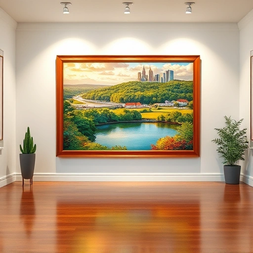 Completed painting of Allen TX landscape with vibrant colors, serene lake, and skyline in a modern gallery.