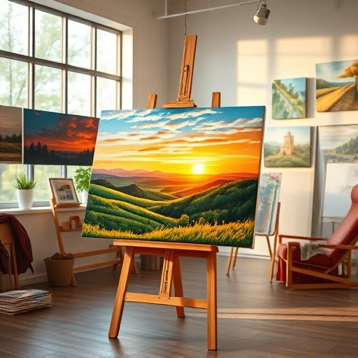 Completed painting in Caddo Mills TX, showcasing vibrant colors and serene landscape in a professional studio.