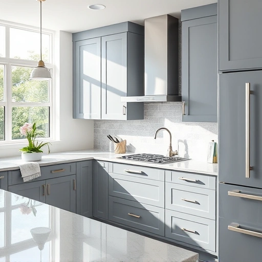 Completed cabinet painting in Rowlett TX showcasing modern kitchen with sleek cabinets, polished countertop, and stylish decor.