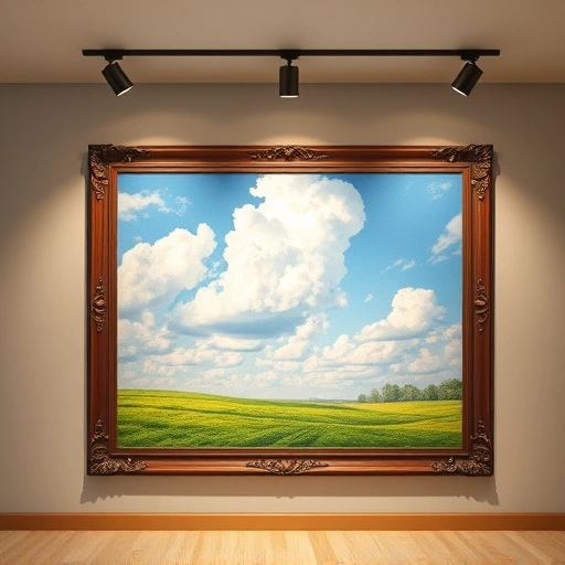 Vibrant painting of Parker TX landscape with green fields, blue sky, and elegant wooden frame in gallery setting.