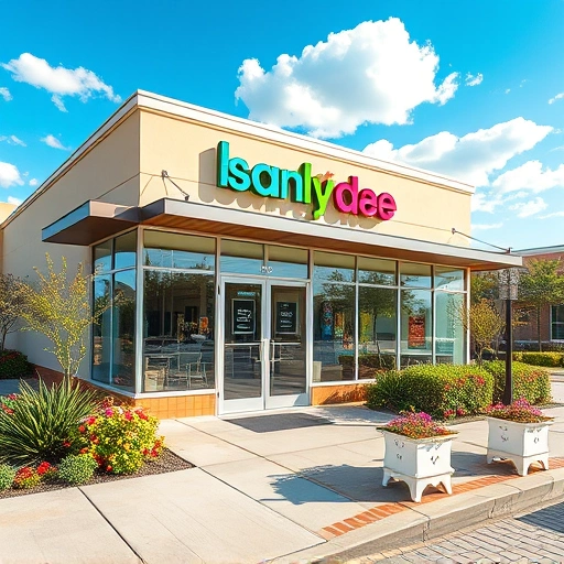 Vibrant painting of a local business in Sunnyvale TX with colorful signage, lush landscaping, and inviting atmosphere.