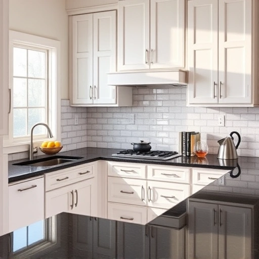 Cabinet painting in Rockwall TX with refinished white cabinets and dark granite countertops in a contemporary kitchen.