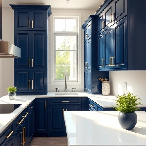 Cabinet painting in a modern kitchen with glossy navy blue finish, gold hardware, and bright natural lighting.