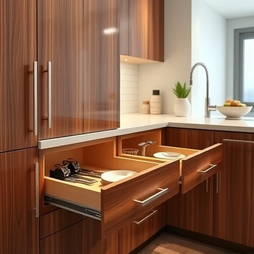 Soft close drawer slide installation in modern kitchen with sleek cabinetry, organized utensils, and warm lighting.