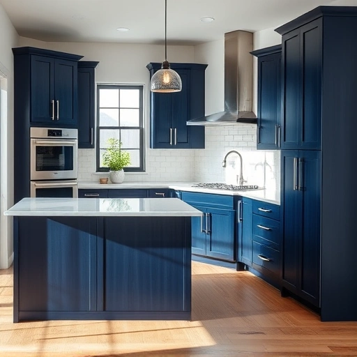 Kitchen in Garland TX with navy blue cabinets, white quartz countertops, and modern appliances in a stylish design.