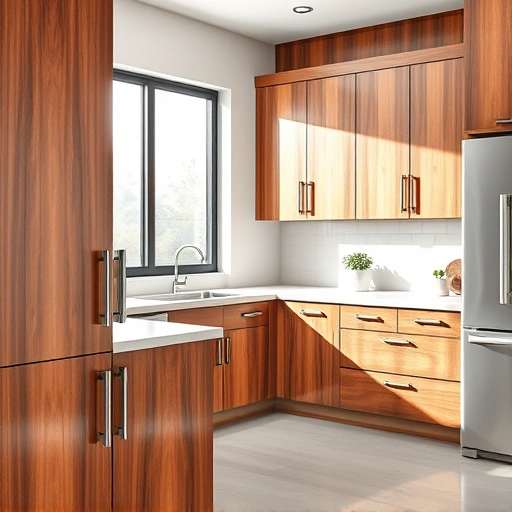 Soft close hinge installation in modern kitchen with polished wood cabinetry and natural light in Garland TX.