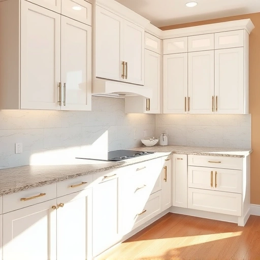 Stunning kitchen in Rockwall, TX with glossy white cabinets, polished granite countertops, and warm natural lighting.