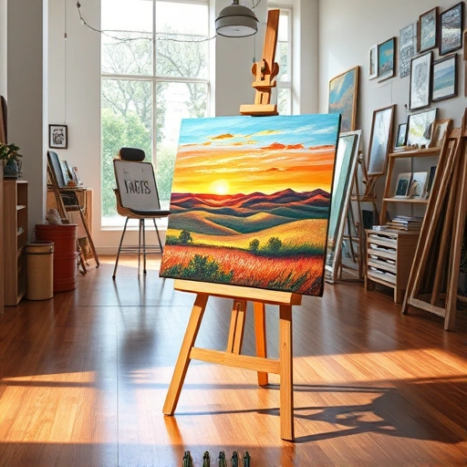 Completed painting on easel in professional art studio in Plano, TX, showcasing vibrant landscape and sunset.