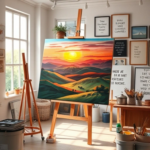 Completed painting in an art studio in Prosper TX, featuring vibrant colors of a serene landscape at sunset.