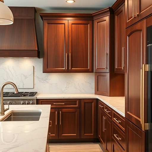 Elegant cabinet painting in Lucas TX featuring glossy refinished kitchen cabinets with modern hardware and marble countertop.