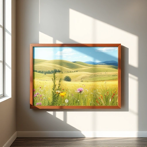 Completed painting of a vibrant landscape in Parker TX featuring a sunlit meadow, hills, and blue sky.
