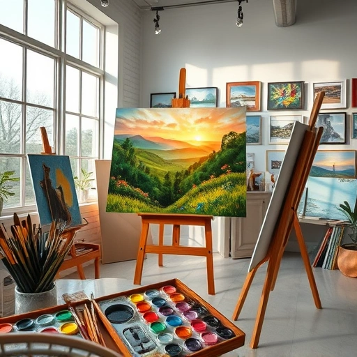 Completed painting in an artist's studio in Parker, TX, featuring vibrant colors and a serene landscape at sunset.