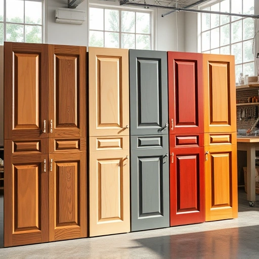 Completed cabinet door painting in Garland TX featuring colorful doors with glossy finishes in a well-lit workshop.