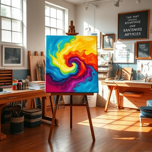 Vibrant painting in Lavon TX on an easel in a bright art studio with organized tools and inspirational decor.