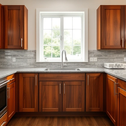 Modern kitchen with sleek wood cabinet doors, polished granite countertops, and stylish backsplash in Garland TX.