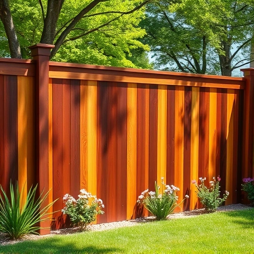 Beautifully stained wooden fence in Garland TX with rich mahogany and cedar tones surrounded by vibrant grass and flowers.
