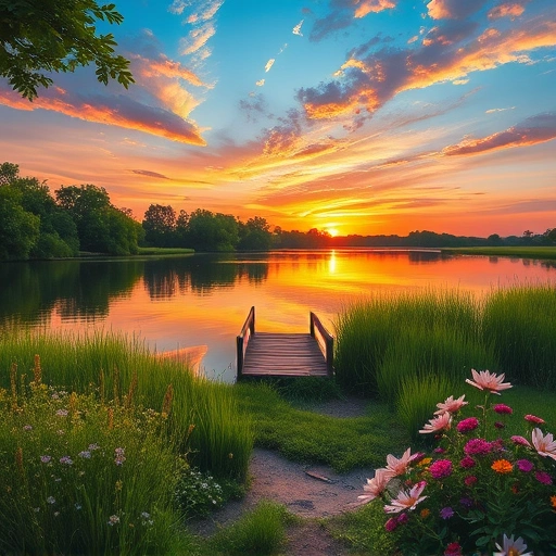 A serene Texas landscape features a vibrant sunset over a tranquil lake with lush greenery and blooming wildflowers.