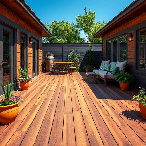 Completed deck staining project in Garland TX with rich oak and cedar hues, modern design, and vibrant outdoor decor.
