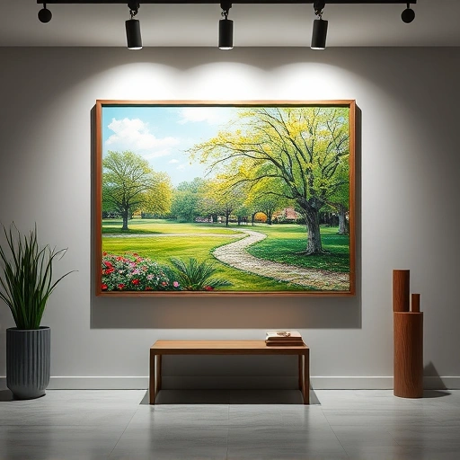 Completed vibrant painting of Fairview TX park with lush greenery in a contemporary gallery setting.