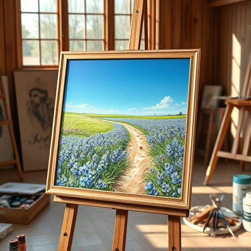 Completed painting of Texas bluebonnets in McKinney TX, framed on easel in a warm art studio with light filtering in.