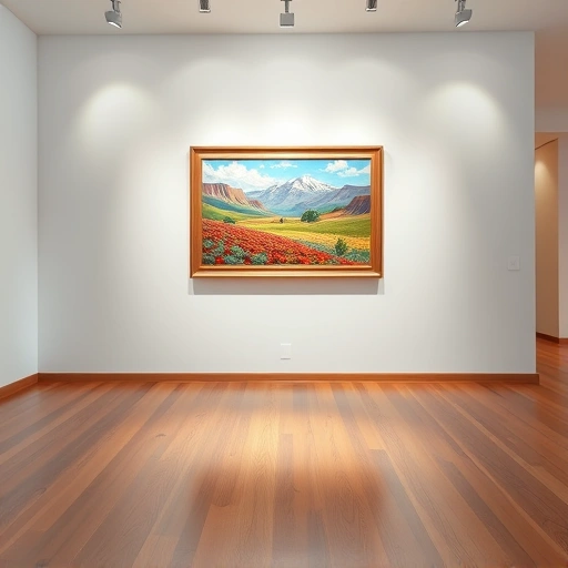 A vibrant serene landscape painting in a modern gallery in Josephine TX with polished wooden flooring and soft shadows.