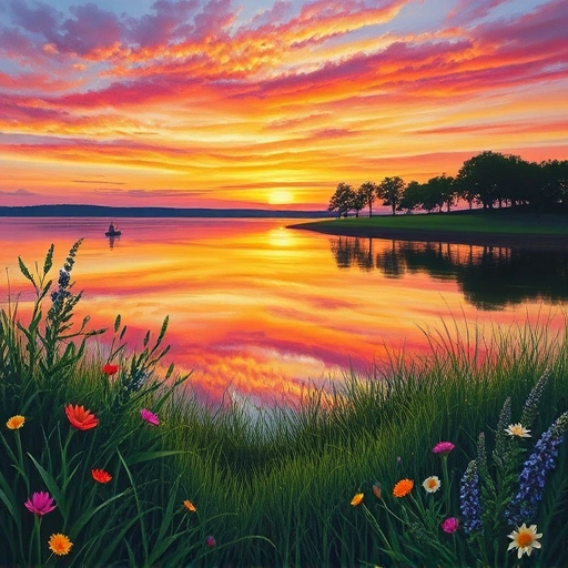Vibrant sunset over Lake Ray Hubbard in Garland, TX with lush greenery and colorful wildflowers.