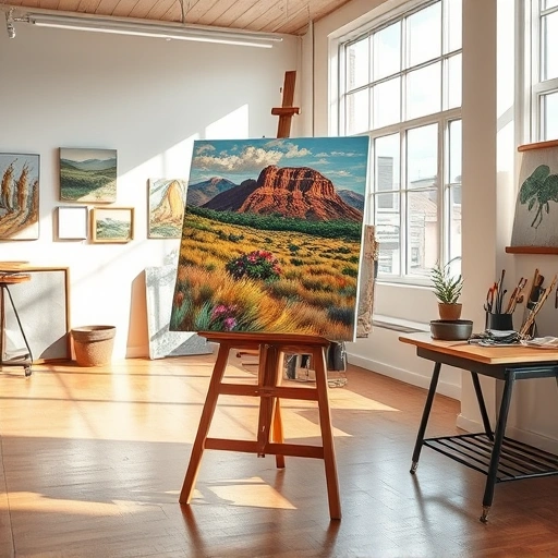 Completed painting in Murphy TX displayed on an easel in a modern art studio with vibrant colors and natural light.