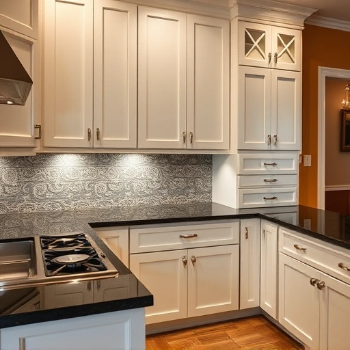 Cabinet painting in McKinney TX featuring soft matte white cabinets, dark granite countertops, and elegant nickel handles.