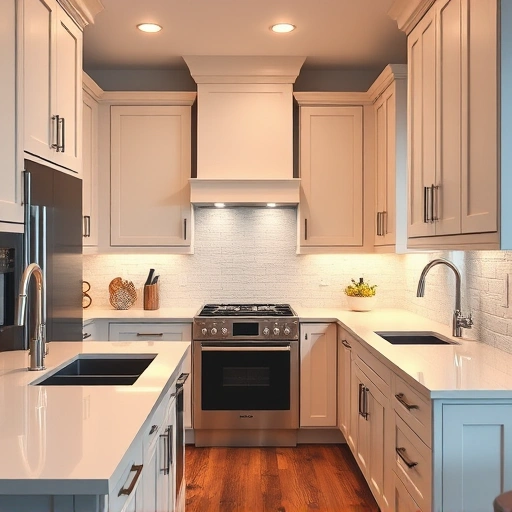 Beautifully painted kitchen cabinets in Frisco TX with smooth glossy finish and polished countertops, elegant hardware, and warm lighting.