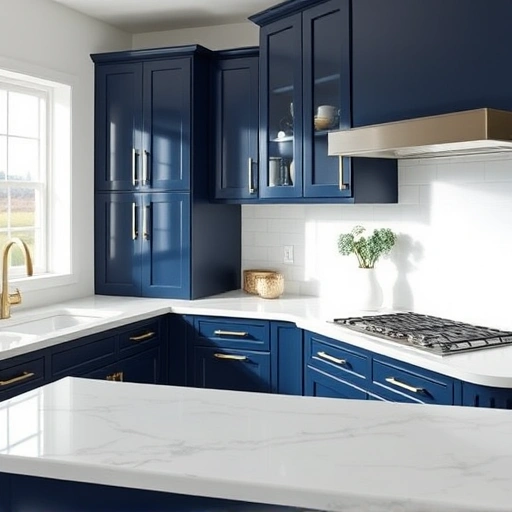 Navy blue cabinets with brass handles in a transformed kitchen featuring marble countertops and white subway tile.