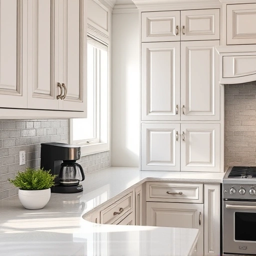 Elegant kitchen with painted cabinets in white and gray, featuring fresh herbs and a modern coffee maker.