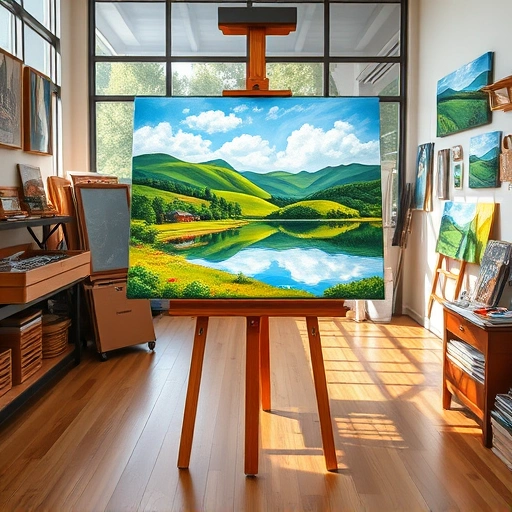 Completed painting of a serene landscape with vibrant colors on display in a well-lit art studio in Lucas TX.
