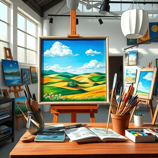 Completed painting in an art studio in Irving TX, showcasing vibrant colors, rolling hills, and natural light.