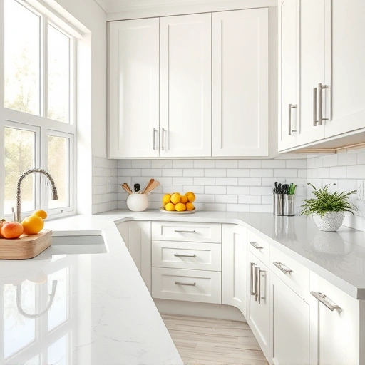 Beautiful kitchen in Carrollton, TX with freshly painted white cabinetry, modern handles, quartz countertops, and stylish decor.