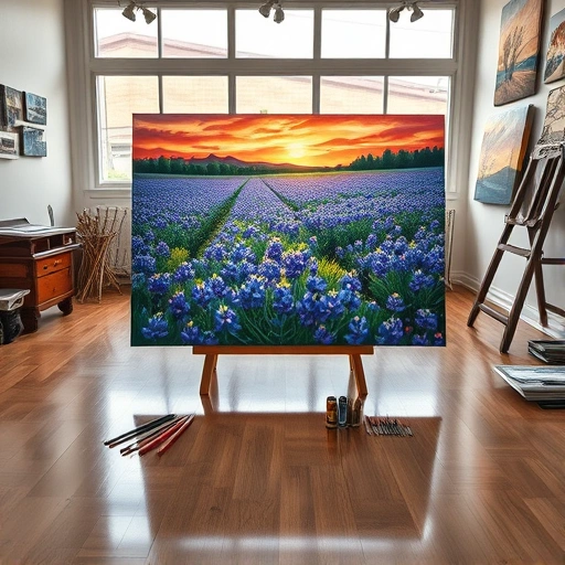 Completed painting in art studio in Wylie TX featuring Texas bluebonnets and sunset, showcasing vibrant colors and creativity.